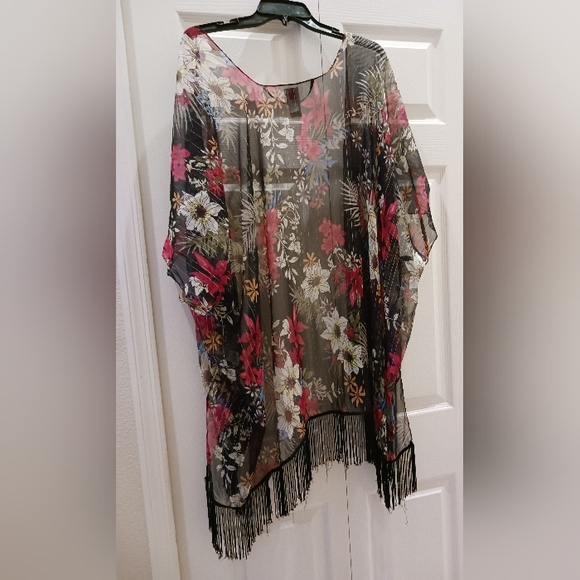 Kimono Black Pink Gold Floral Sheer Fringe Cardigan One Size - Picture 3 of 10